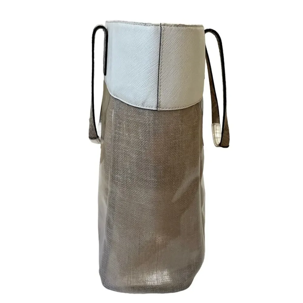 Coach Translucent Vinyl Burlap And White Leather Tote With Coin Purse